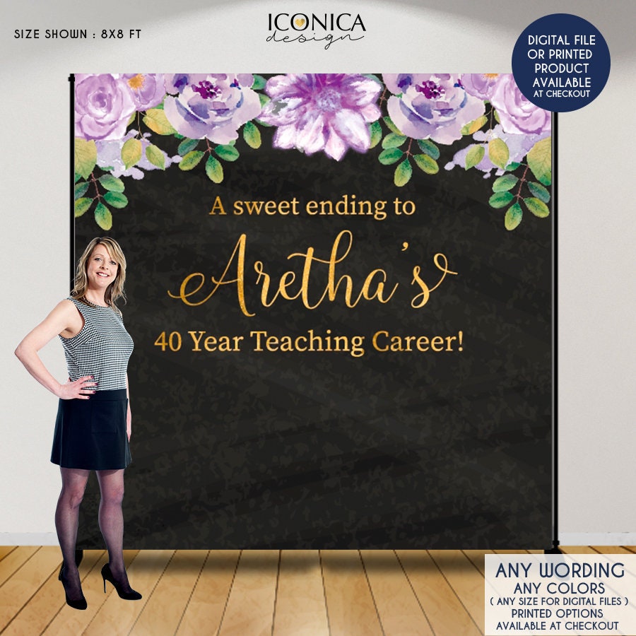 Retirement Party Photo Booth Backdrop, Virtual Purple Floral Step & Repeat A Sweet Ending, Banner Printed Or Printable File