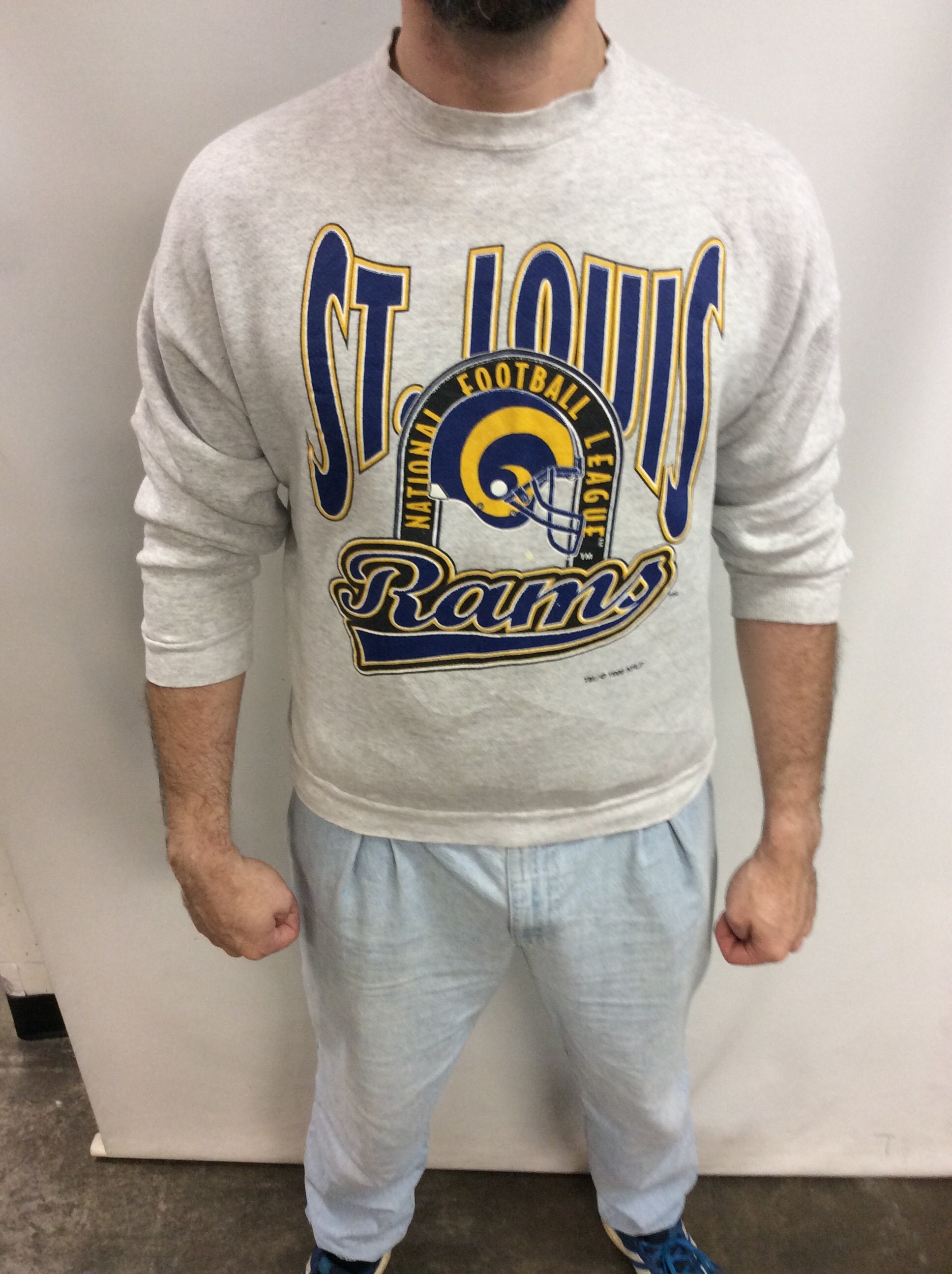 Vintage 90's | 1996 St. Louis Rams Football Blue & Yellow Gray Sweatshirt | Made in Usa | Size Xl