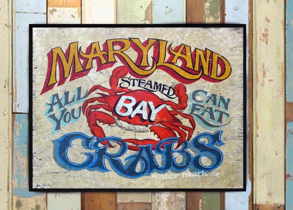 Maryland Crabs Seafood Print From An Original Hand Painted & Lettered Sign. Art, Steamed Crabs, Kitchen Porch Decor, Beach House