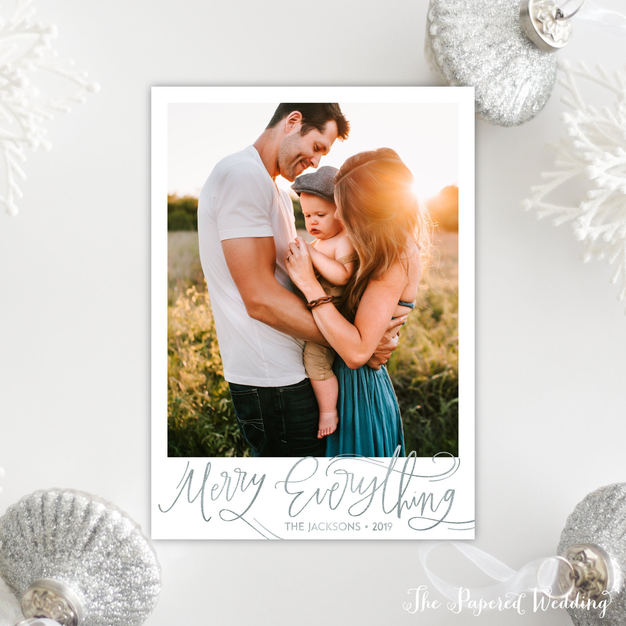 Printable Or Printed Merry Everything Photo Holiday Cards in Faux Silver Foil - One Picture Christmas Cards, 058 P1