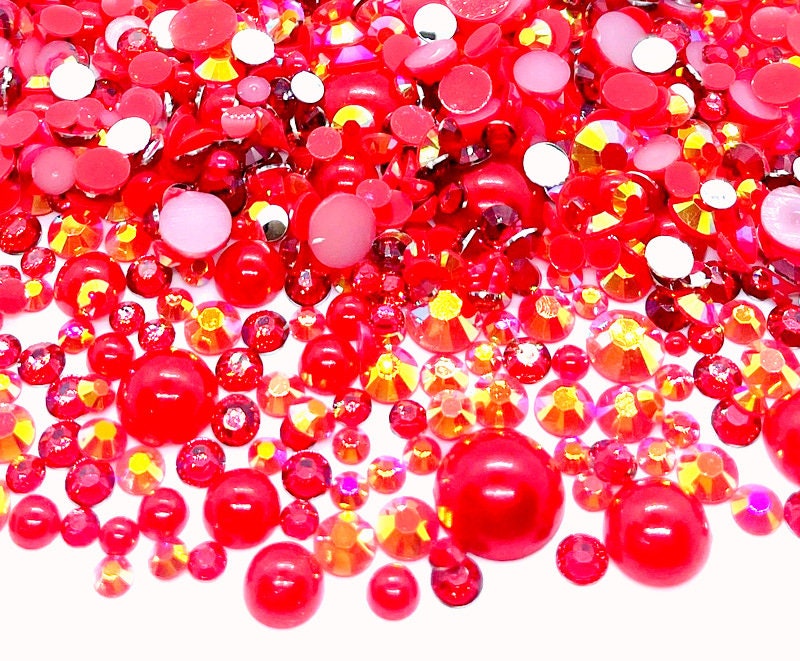 Very Cherry Blend Rhinestone Mix 2mm-10mm Flatback Jelly Resin | Faux Pearls Rhinestones Mixed Sizes, Red