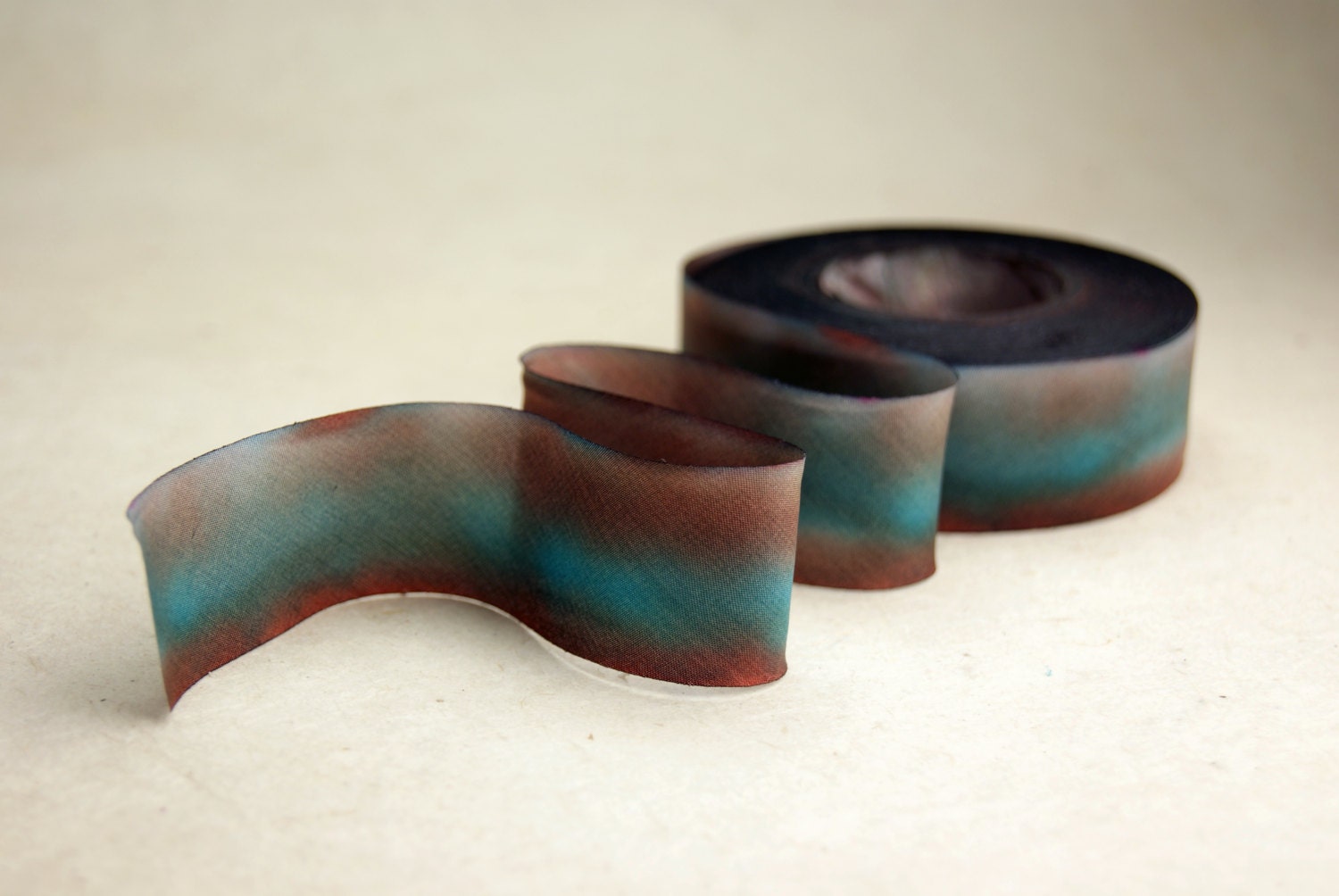 Hand Dyed Silk Ribbon 15mm 5/8 Inch Blend 509 3 Yard Bias Cut Brown Black Blue