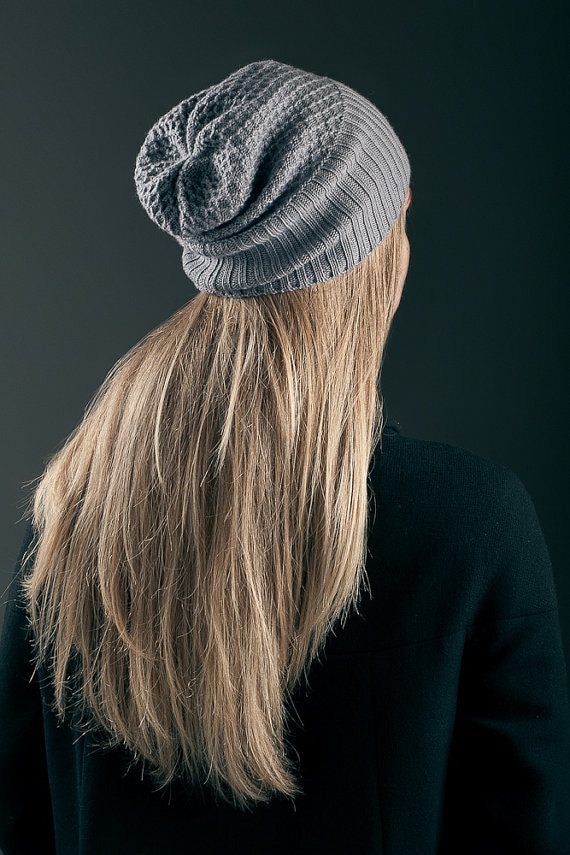 Knitted Beanie, High Quality Blended Cashmere & Merino Wool Yarn, Slouchy Hat, Grey, Gray Cashmere, Grey Merino Wool, Gift For Her