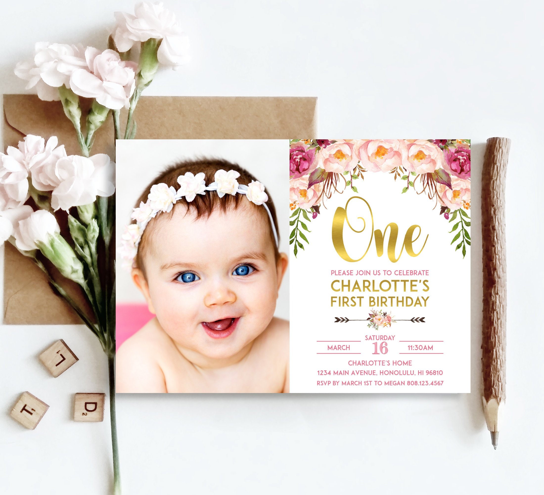 Girl First Birthday Invitation Boho Pink Floral Party Invite Personalized Printable File A54