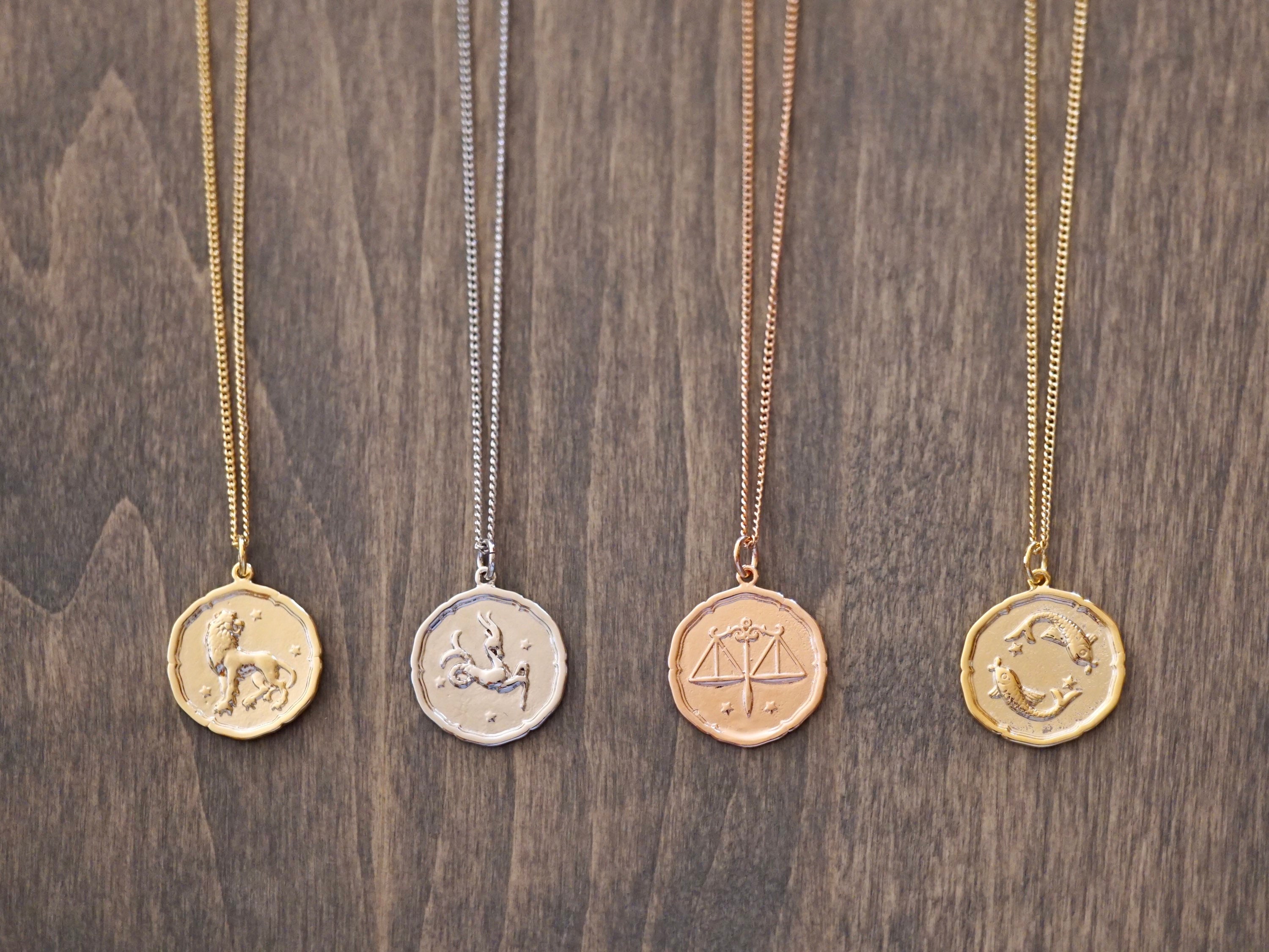 Single Chain Zodiac Coin Necklace in Rose, White, Yellow Gold Plated Brass 3 Sizes, One Chain, 3/4 In. Coin Cute Astrology Birthday Gift