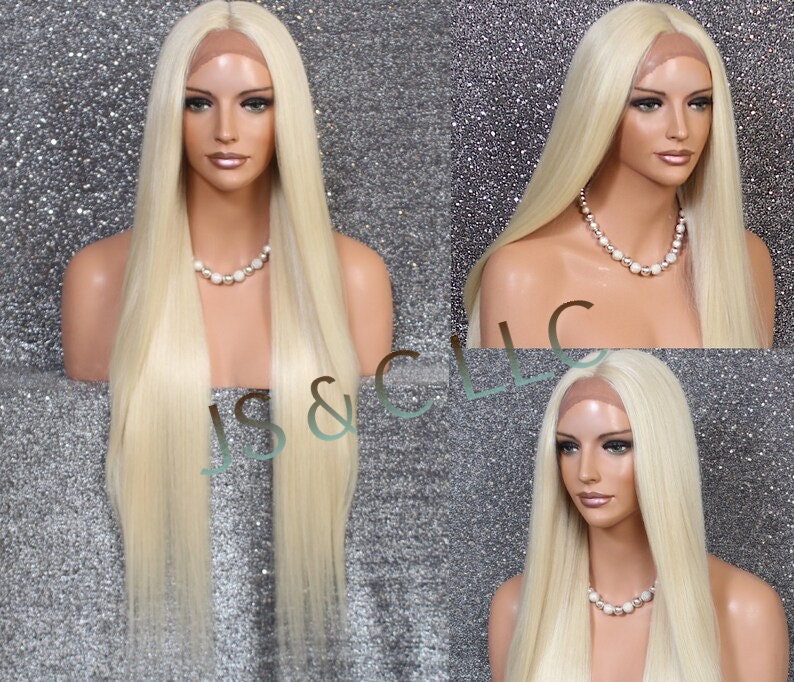 45 Human Hair Blend Lace Front Wig Hand Tied Center Part Straight Heat Safe Pale Blonde Cancer/Alopecia/Cosplay/Anime/Emo