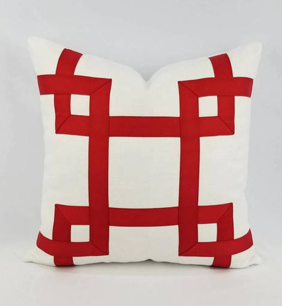 White Heavy Cotton Linen Blend With Red Ribbon Embellishment Pillow Cover