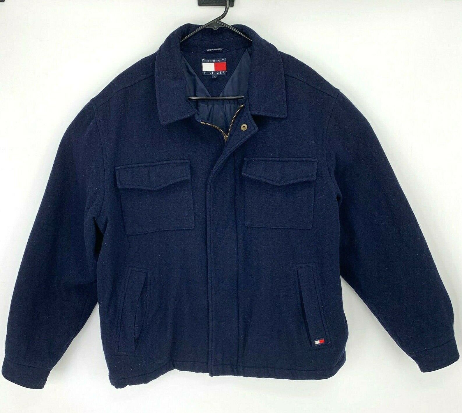 Vintage Tommy Hilfiger Wool Blend Jacket Size L Dark Blue Full Zip Snap Button