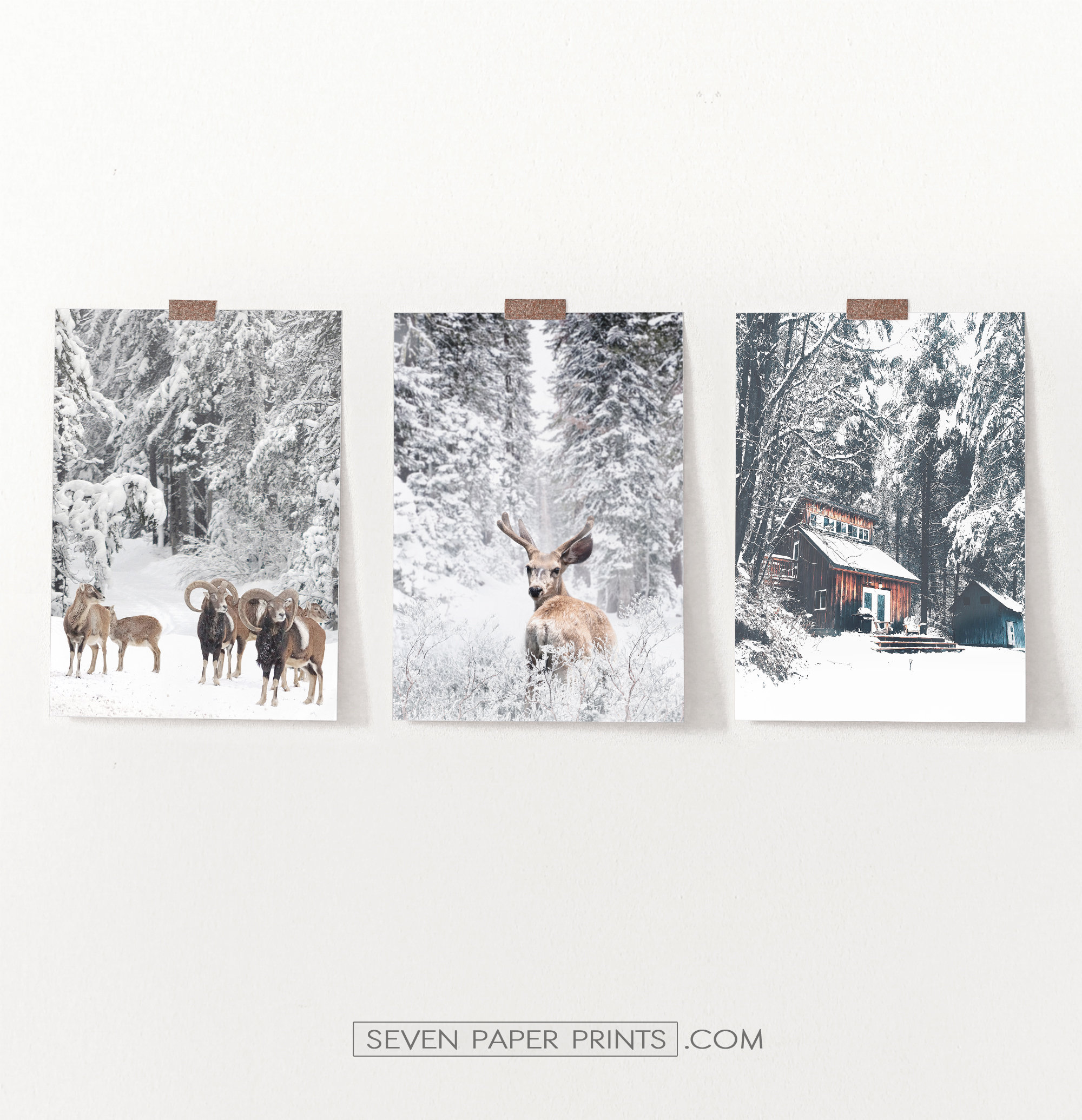 Giclee Set Of 3 Large Winter Prints, Christmas Wall Art Dcor, Holidays Docer For Walls, Prints With Deer, Rams, Cabin
