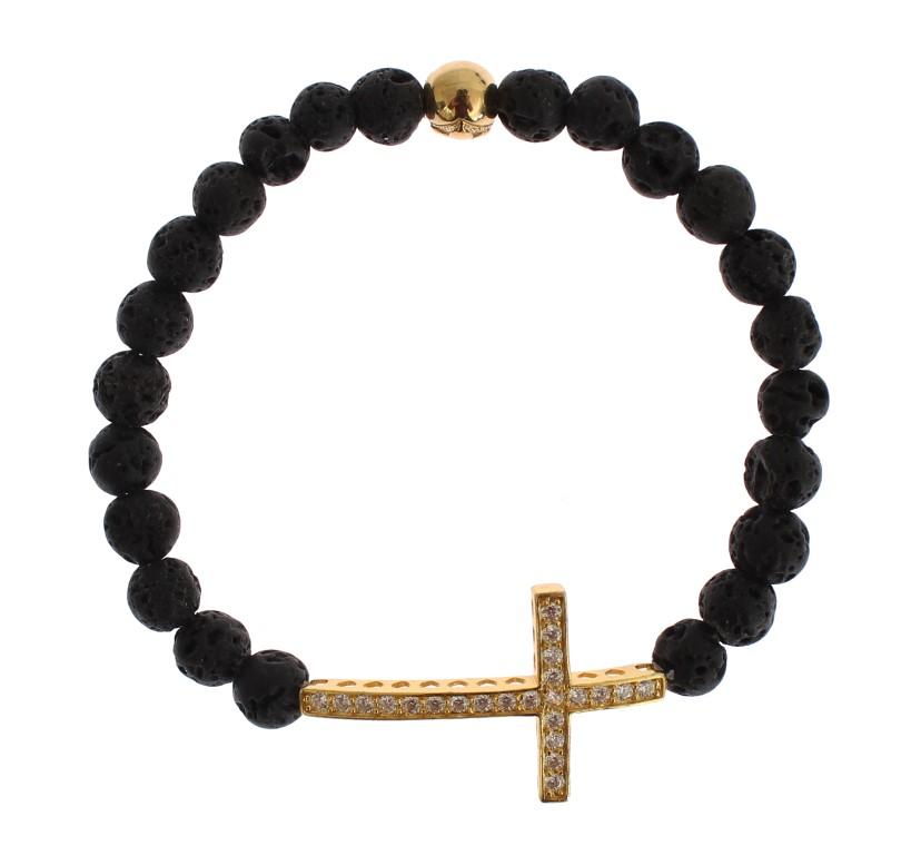 Nialaya Women's Lava Stone CZ Cross 925 Bracelet Black SIG19011 - S