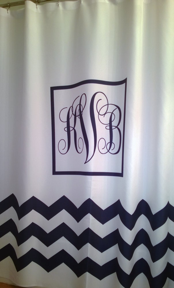 Shower Curtain White Classic Monogram You Choose Color 70, 74, 78, 84 Or 96 Inch Extra Long Lengths Shown in With Navy Accents