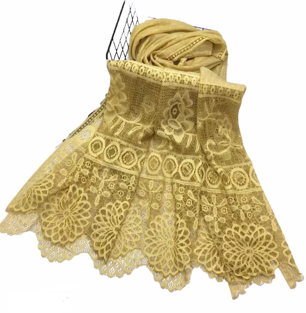 Yellow Viscose Blend Lace Edged Scarf Hijab Shawl For Women Comes With A Magnetic Pin As Complimentary