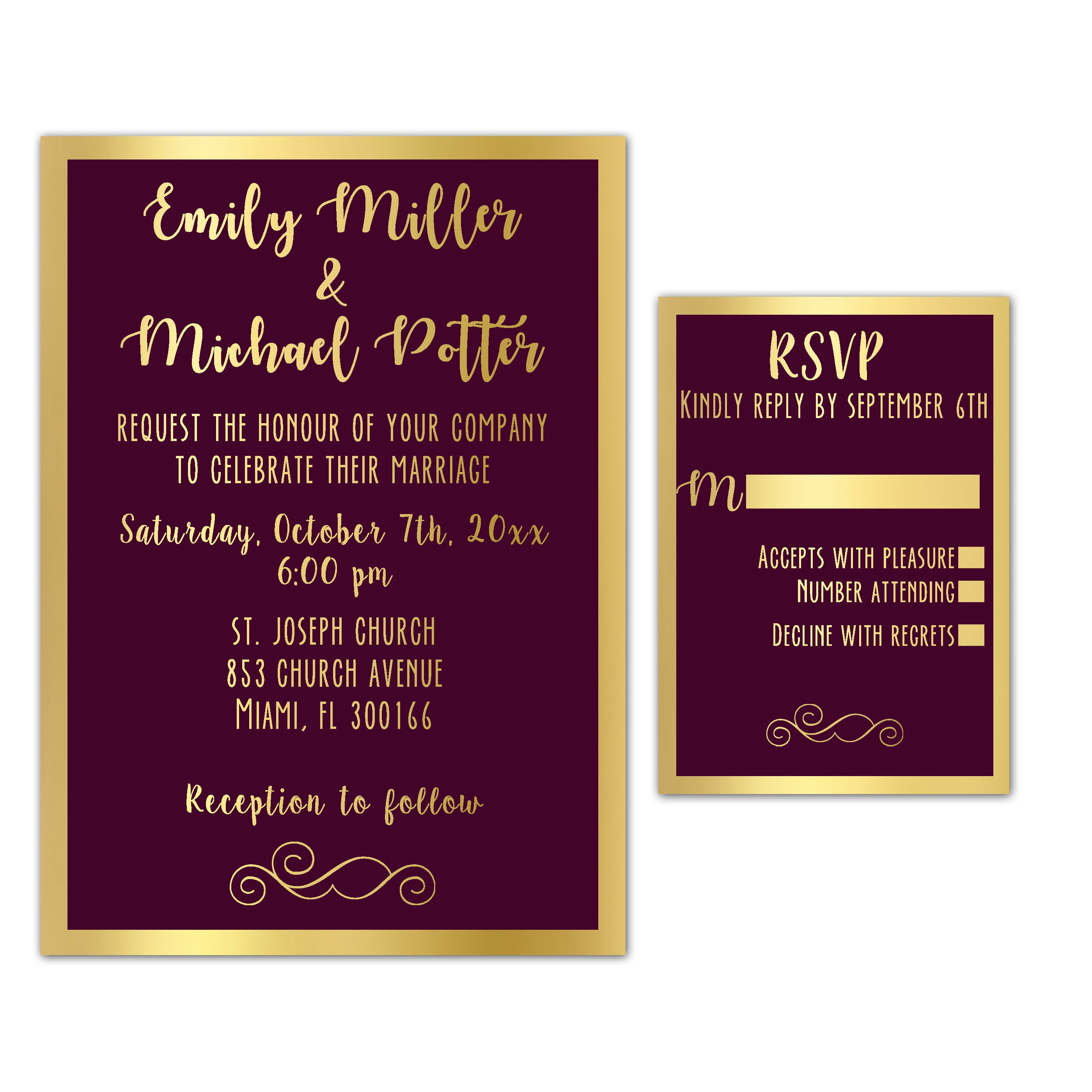 Burgundy Gold Wedding Invitation - Wine Red Card Invite Printable With Rsvp
