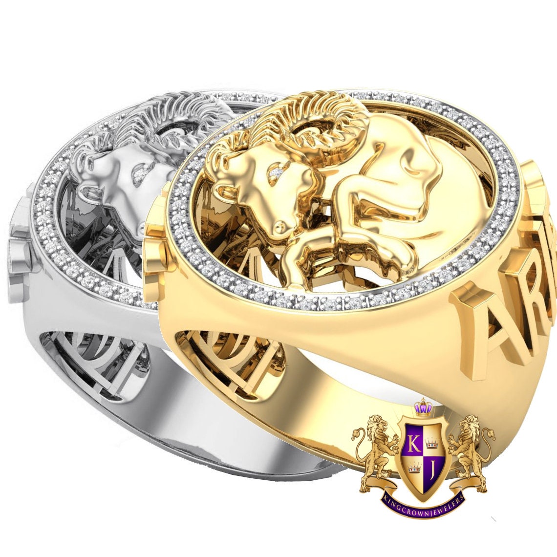 Men's Real Genuine Authentic Diamond Aries Ram Zodiac Lucky Sign Astrology Horoscope 3D Ring Band 10K Gold Finish