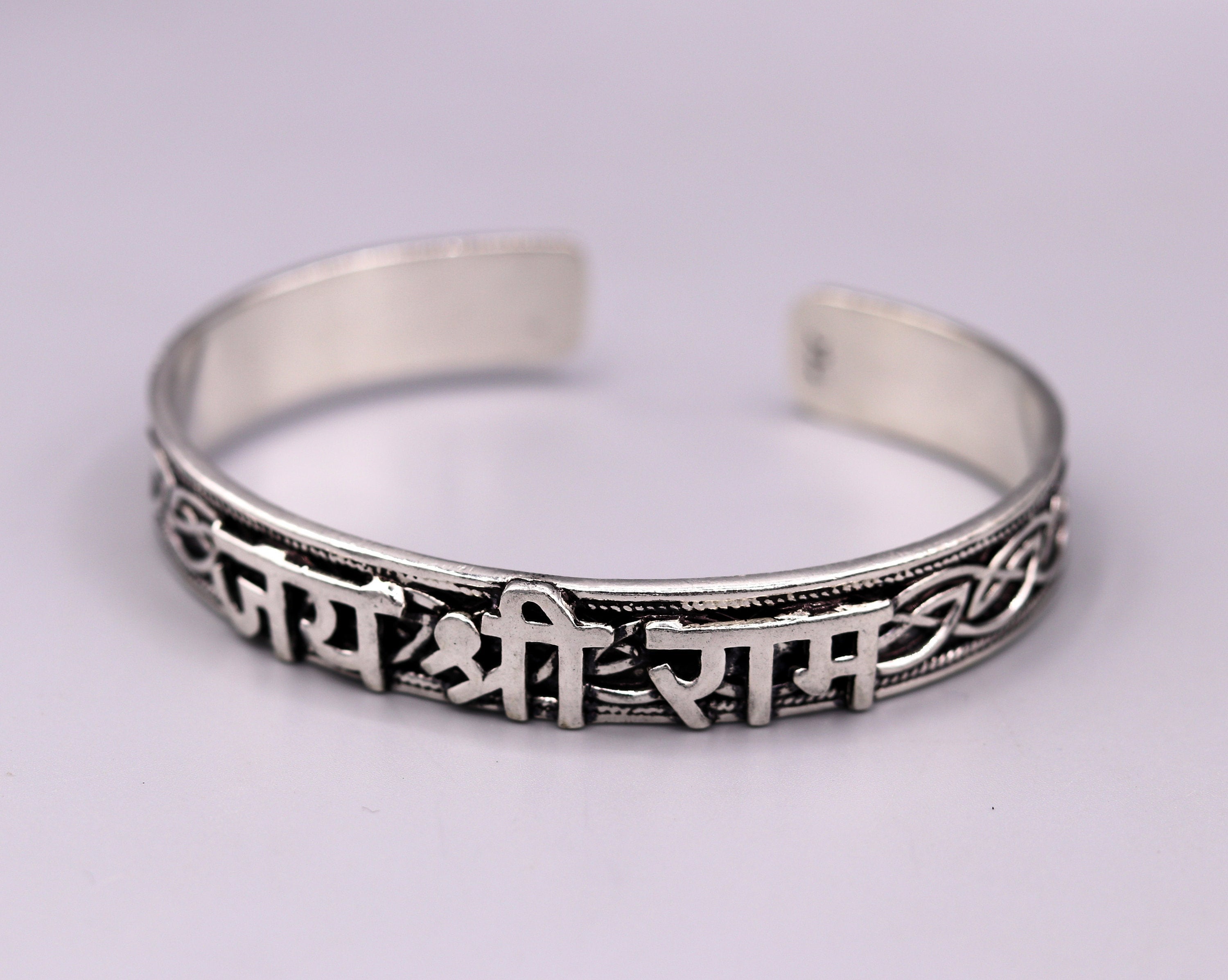 925 Sterling Silver Stylish Handcrafted Adjustable Jai Shree Ram Cuff Bangle Bracelet, Unisex Gifting Ethnic Mantra Kada Jewelry Nsk32"