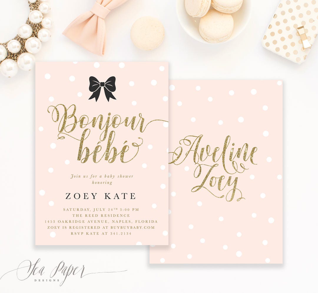 Girl Baby Shower Invitation French, Bonjour Bb Pretty Black Bow, White Confetti Dots, Blush Pink & Gold. Printed Or Digital - Zoey