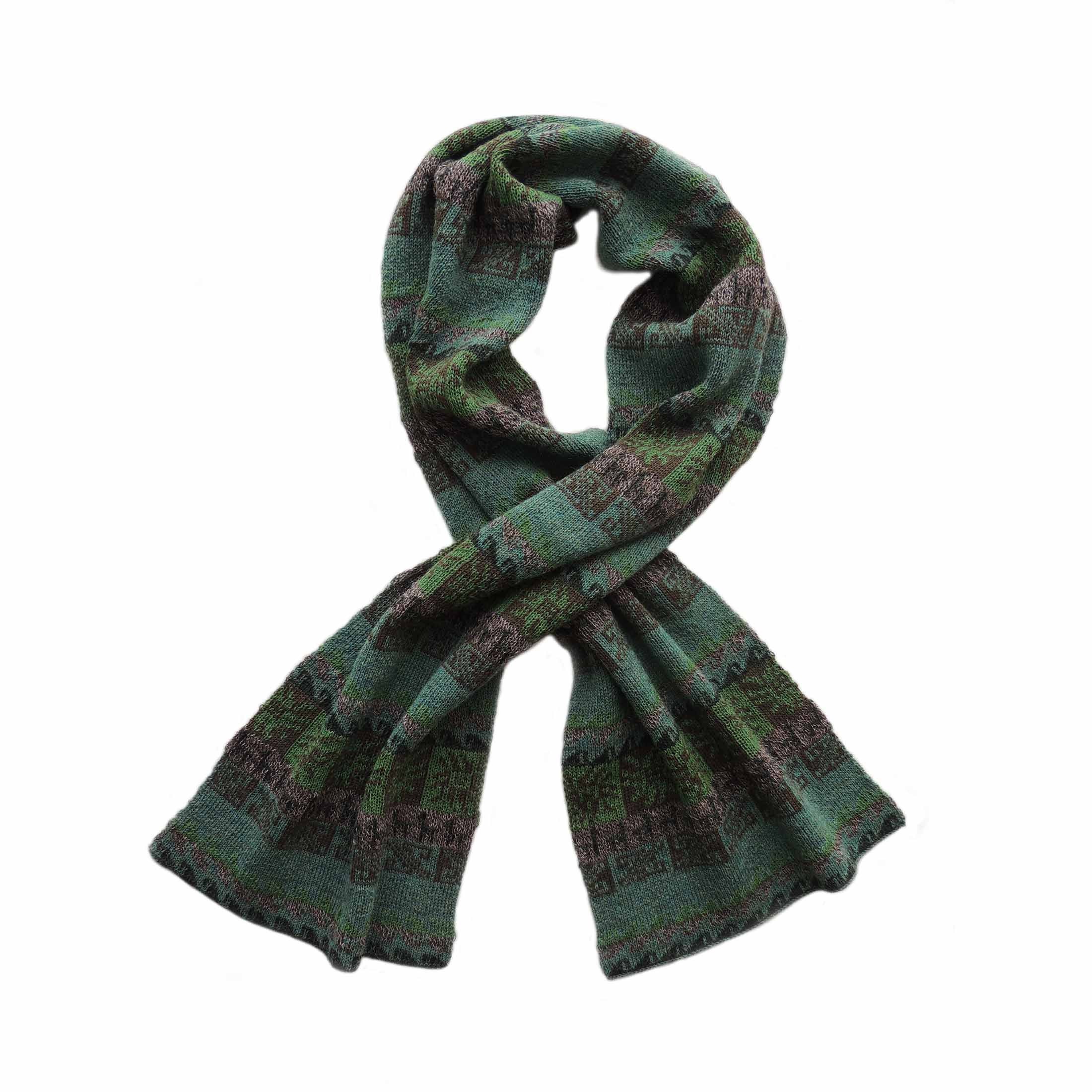 Scarf Alpaca Blend With Ethinic Pattern Jacquard Knitted Green - Multicolor Unisex