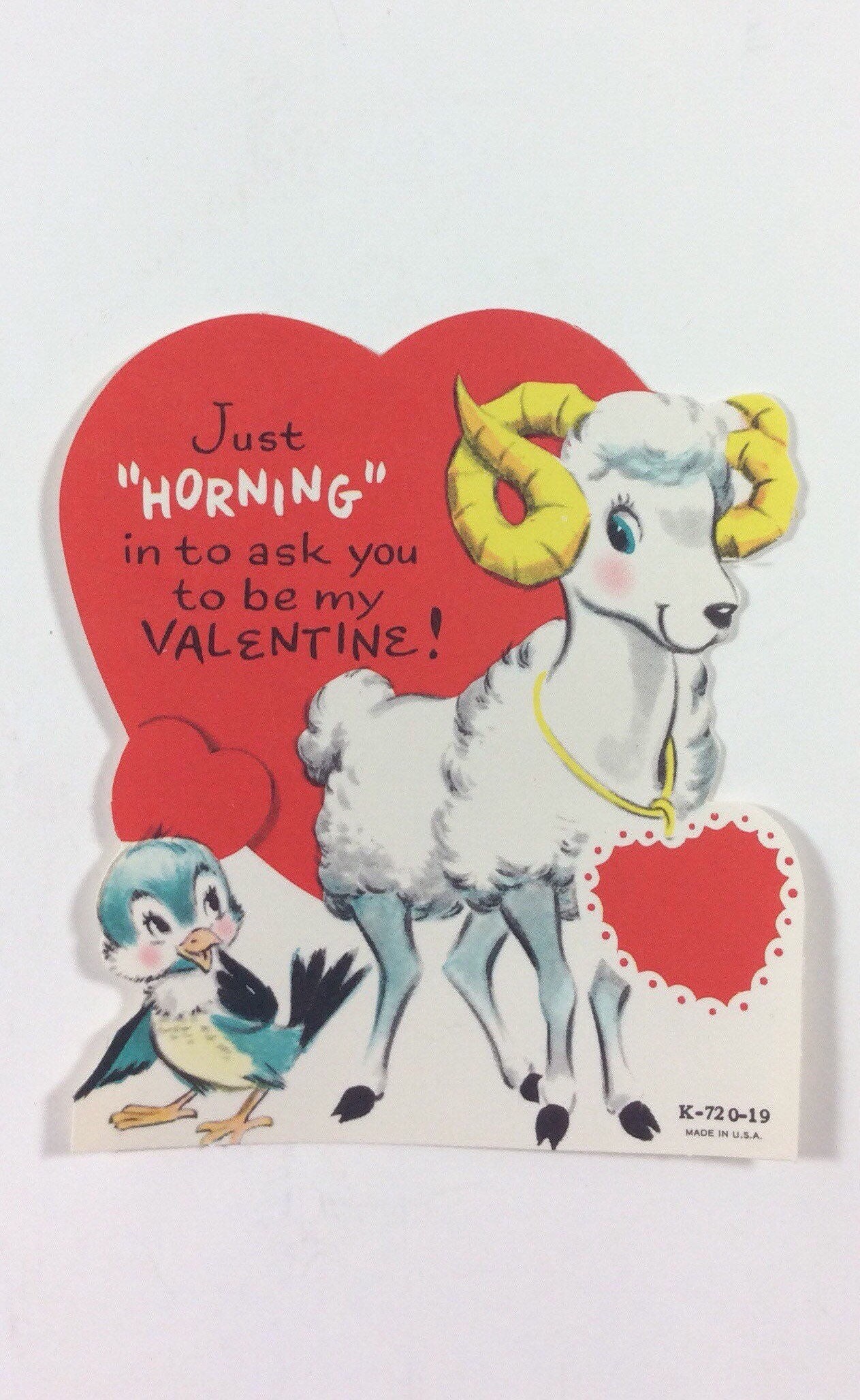 Ram Sheep With Horns & Blue Bird Vintage 1950S Unused American Greetings Valentine Novelty Greeting Day Card