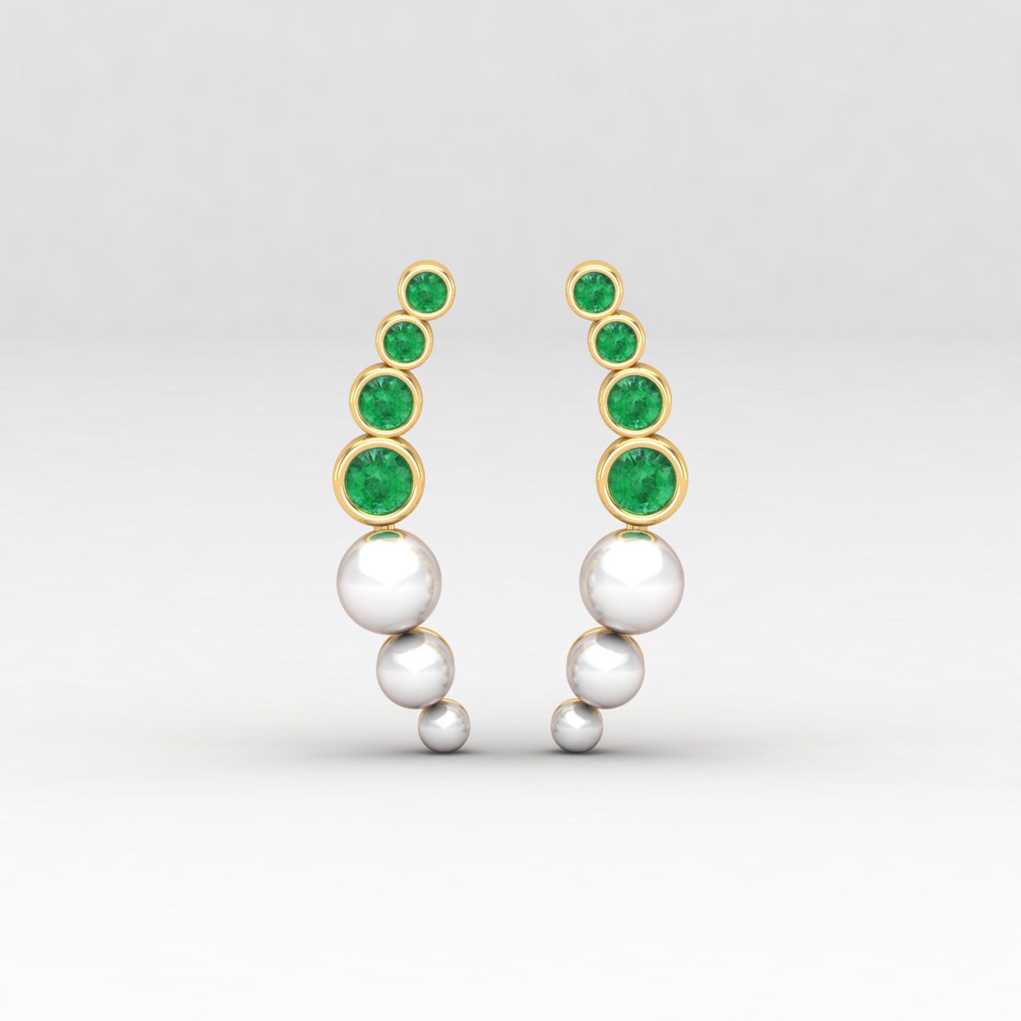 Emerald Cartilage Earrings, Pearl Helix Piercing, 14K Curved Earring, Genuine Climber Gift For Her