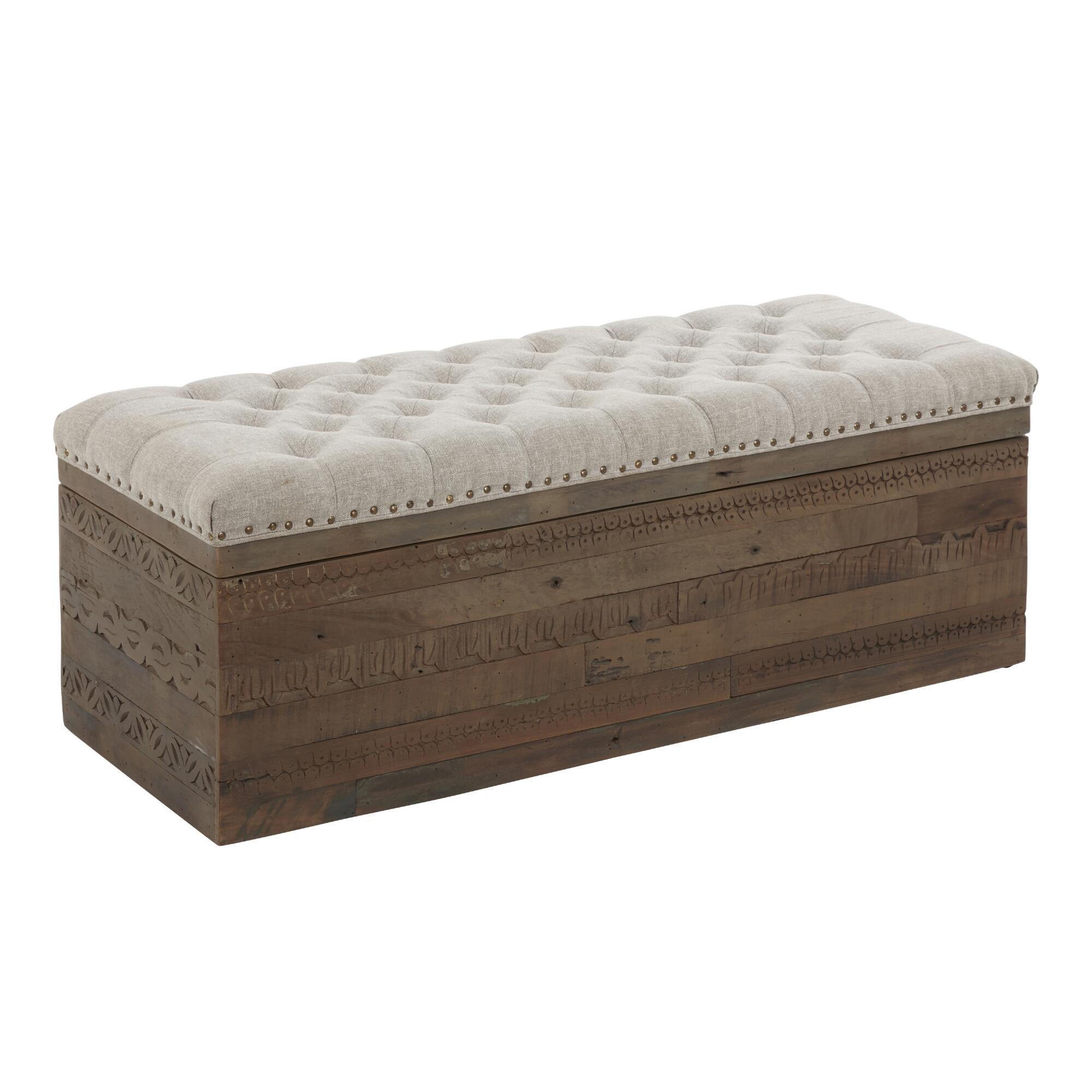 Gray Upholstered Carved Wood Serena Storage Ottoman: Gray/Natural - Fabric by World Market
