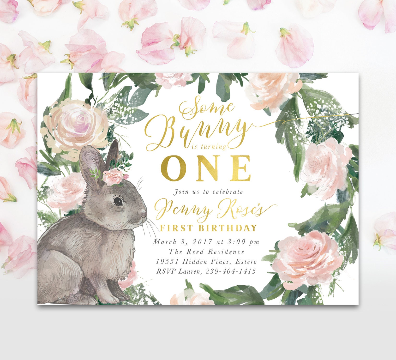 Bunny First Birthday Invitation Girl, Some Is Turning One, 1st Girl Invite - Floral Penny