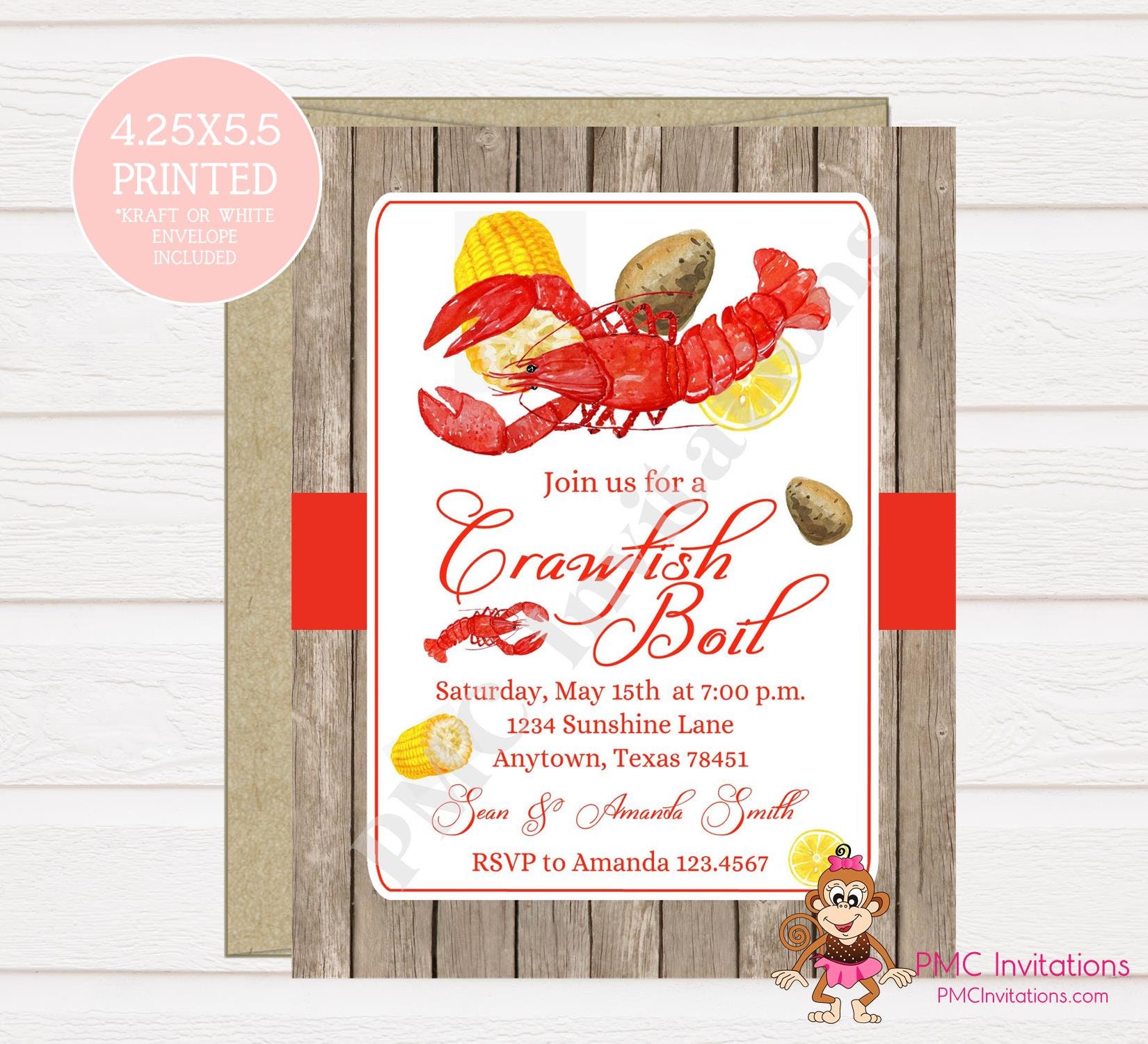 Custom Printed 4.25x5.5 Crawfish Boil Invitation, Crawfish, Cajun Seafood, Birthday, Envelope Included