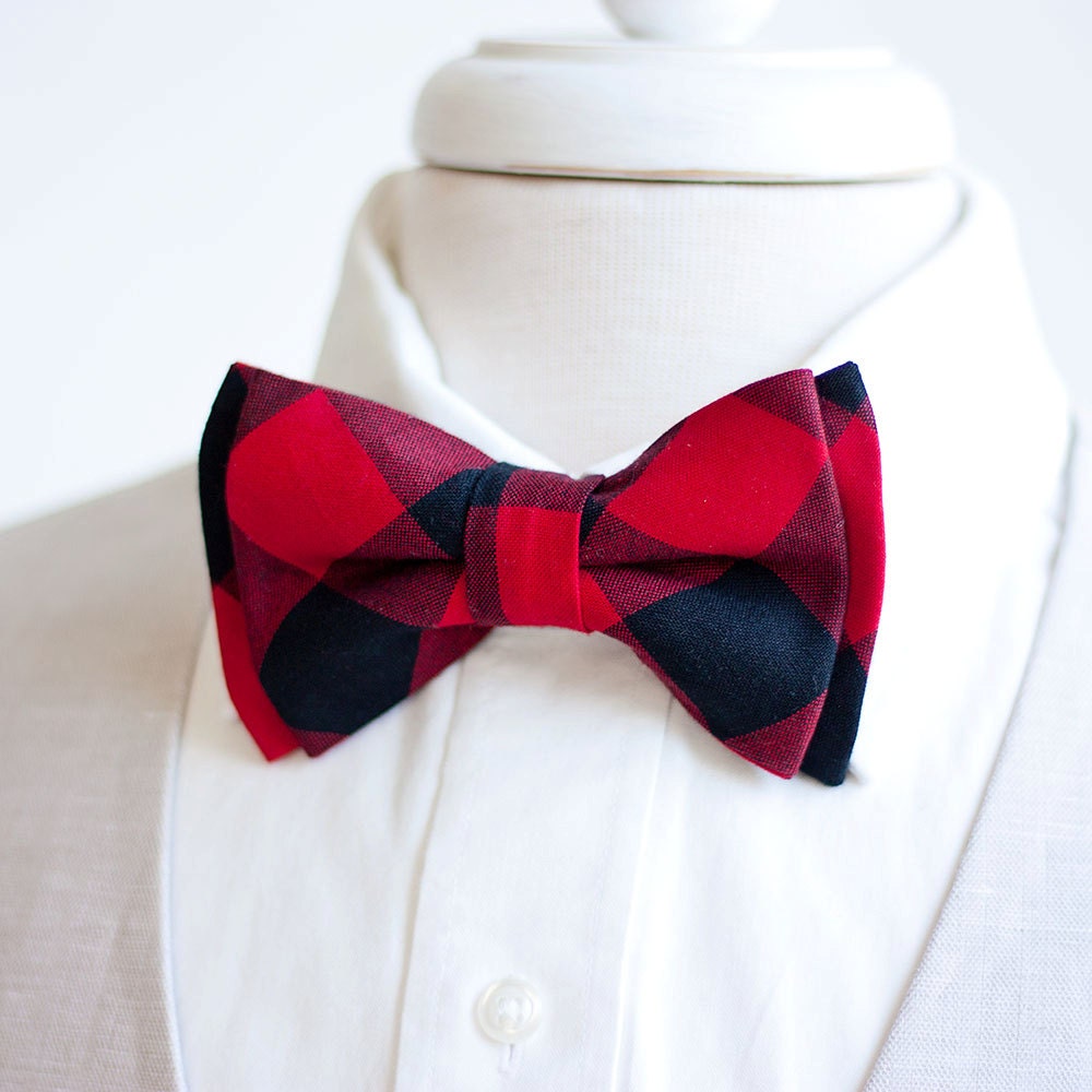 Bow Tie, Mens Bowtie, Bowties, Ties, Groomsmen Wedding Christmas Tie - Black & Red 1 Gingham Check