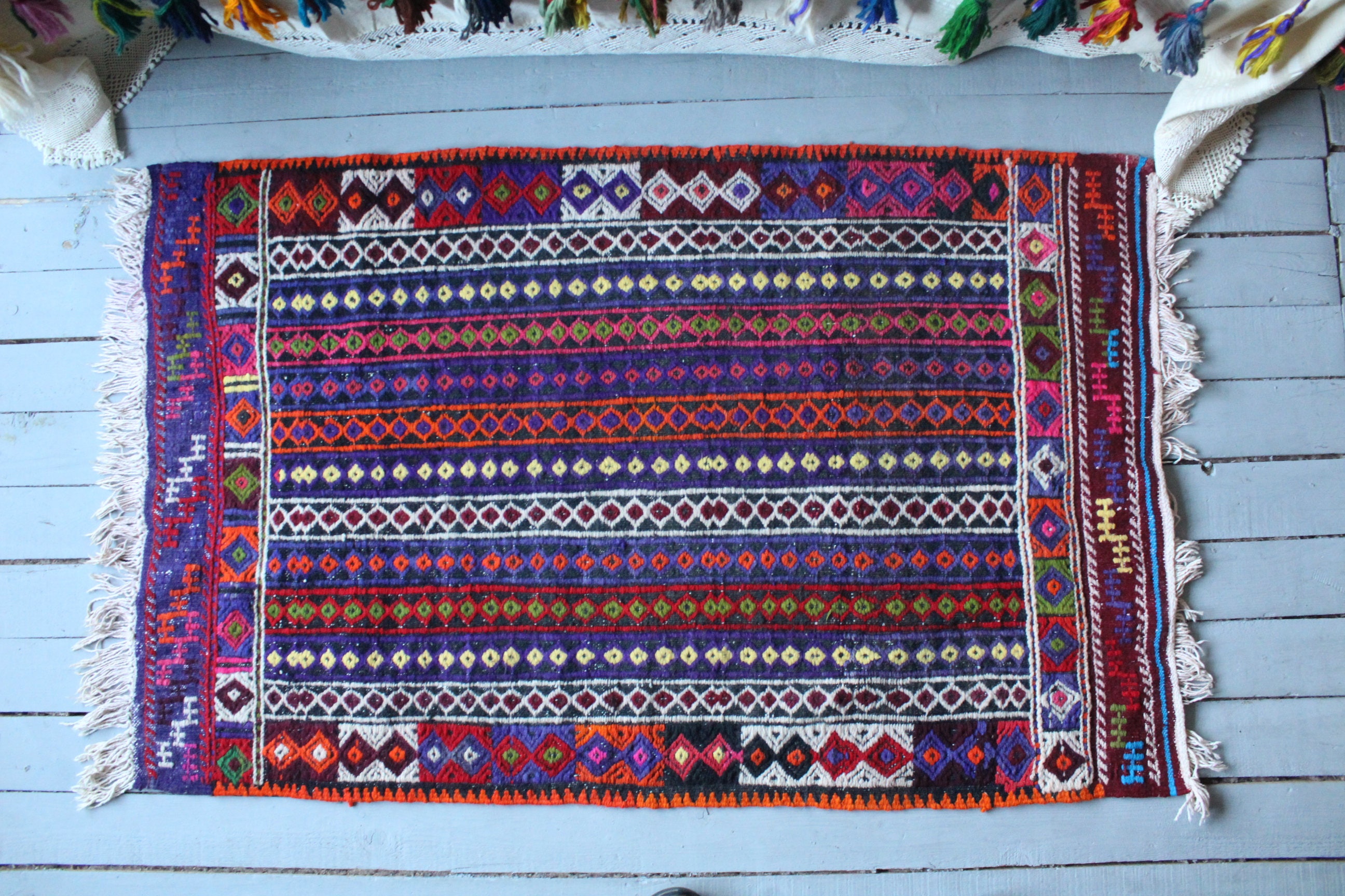 2'6x4' Vintage Striped Pink Kilim, Bohemian Style Wool Kilim, Handwoven Turkish Kilim Rug, Kelim