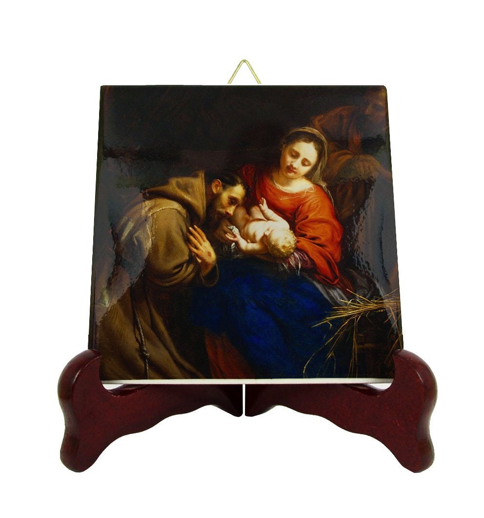 Religious Gifts - The Nativity With Saint Francis Of Assisi Religious Icon On Tile Catholic Decor Jesus Artwork