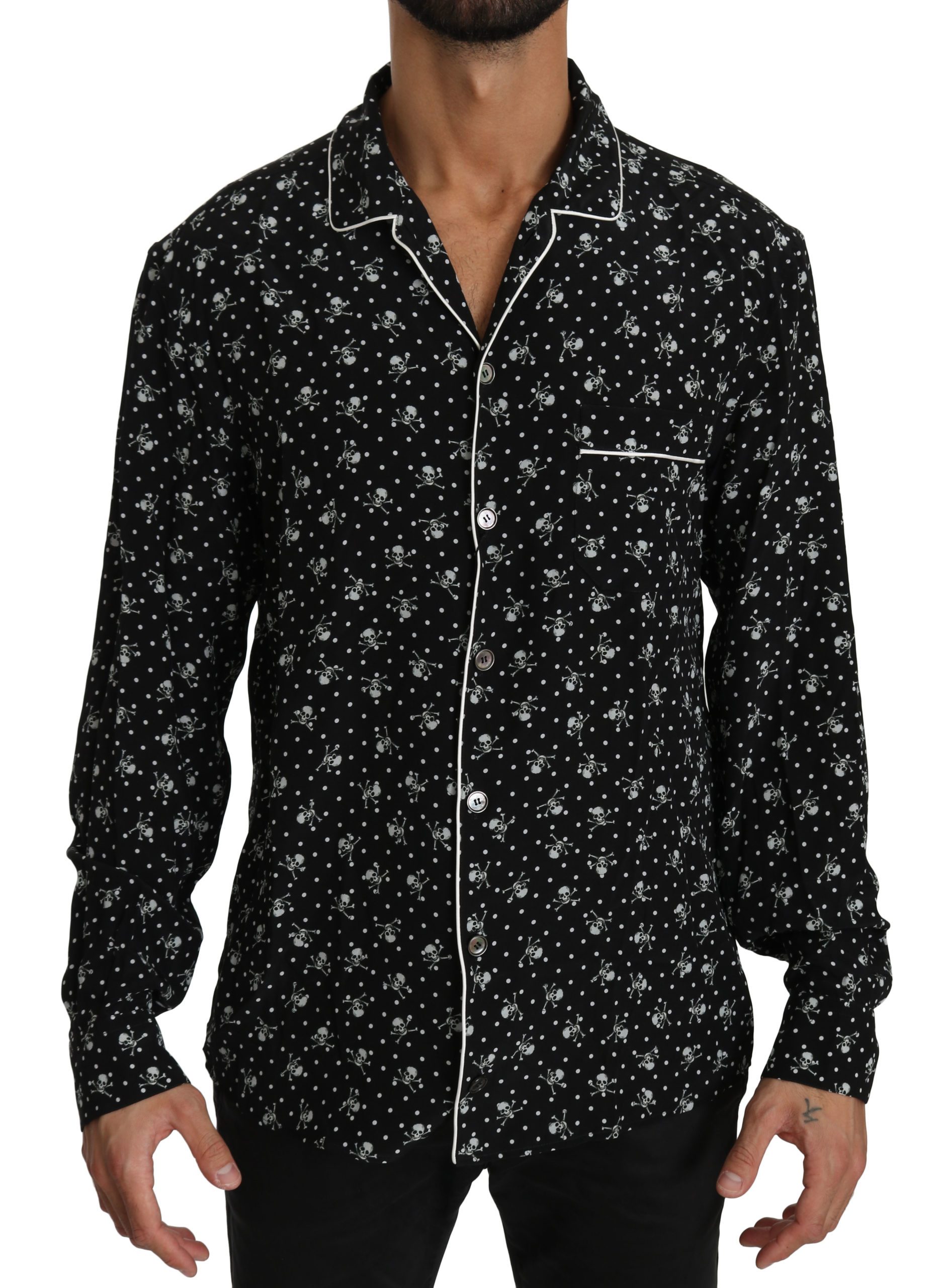 Dolce & Gabbana Men's Skull Print Silk Sleepwear Shirt Black TSH4013 - IT39 | S
