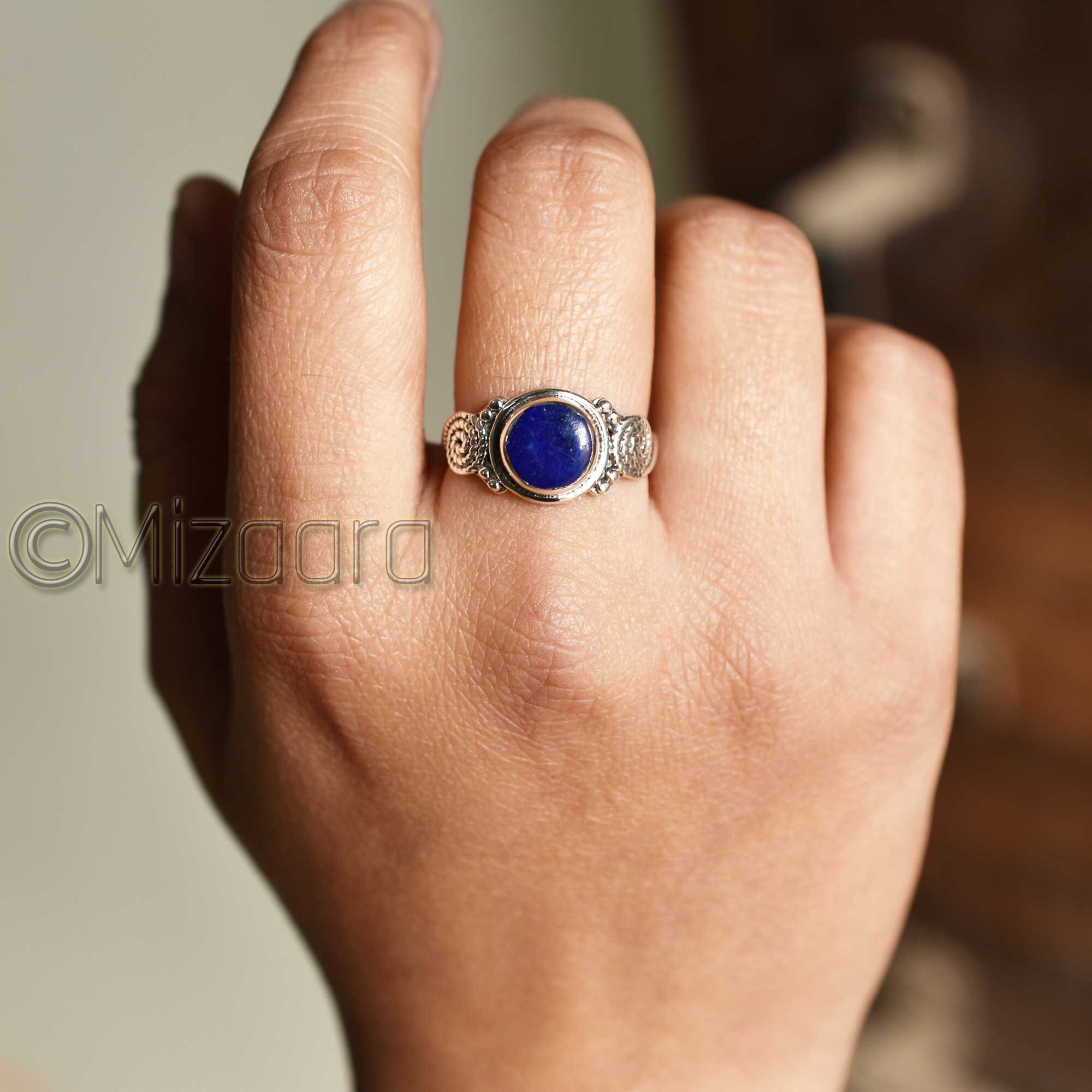 Blue Lapis Lazuli Real 925 Sterling Silver Natural Gemstone Promise Gift Bohemian Jewelry Handmade Ring Women's Elegant