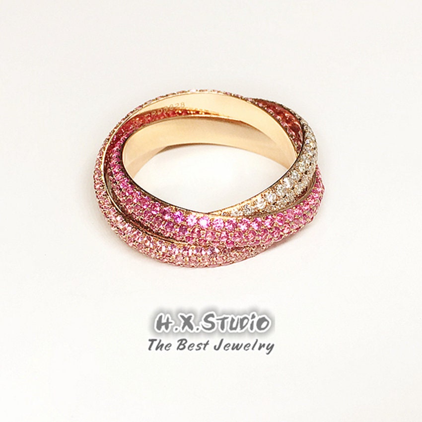 Hx Jewelry | 3.0Ctw Diamond & Pink Sapphire 3 Band Interlocking Wedding Ring in Solid Gold/Valentine Gift/Custom Jewelry/Gift For Her