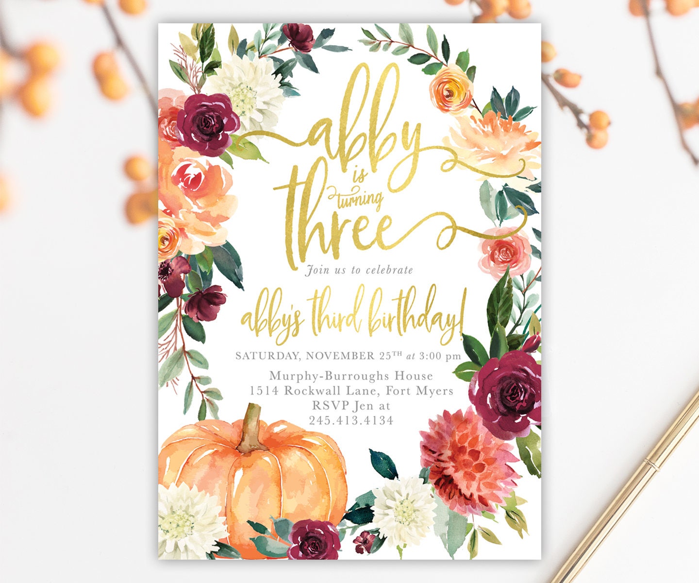 Fall Girl Birthday Invitation, Pumpkin Patch Party, Any Age Invite Autumn Florals, Burgundy, Blush - 7