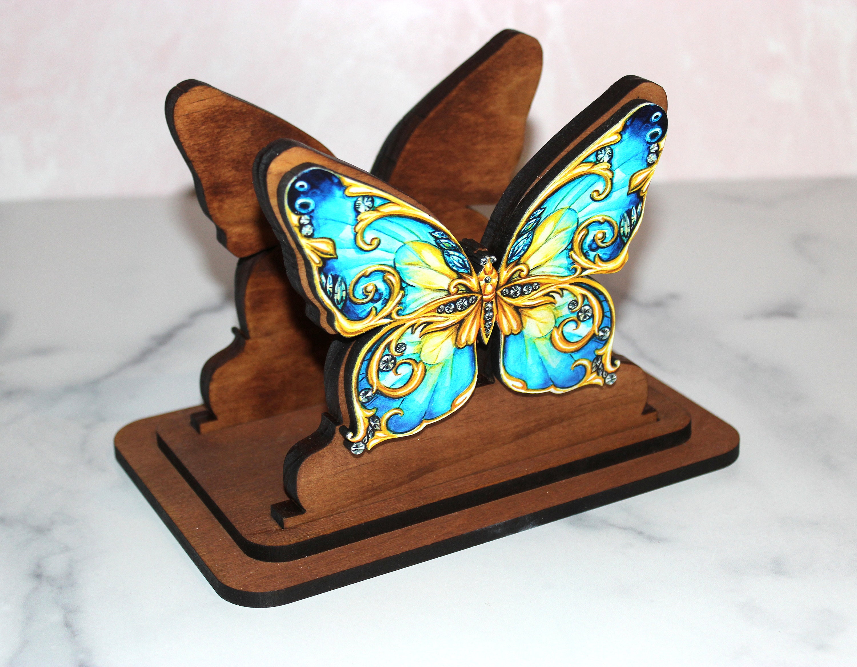 Unique Blue Butterfly With Bling Napkin Holder Made From Solid Pine Wood & Maple Mdf Beautiful Art Uv Printed On Both Sides