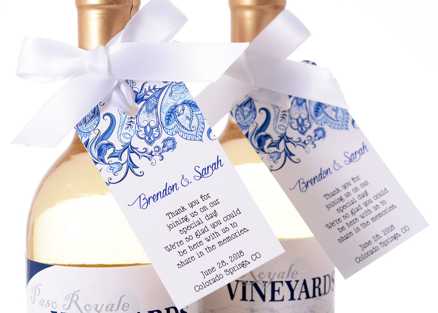 Blue Paisley Wedding Tags - Wine Bottle Tags, Favor Box Bag Personalized Hanging