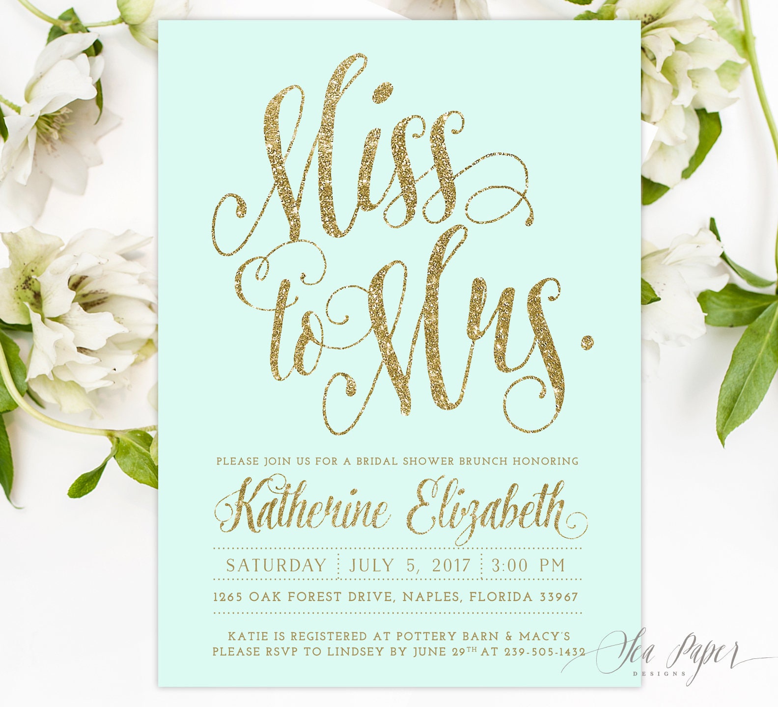Miss To Mrs. Bridal Shower Invitation, Invite, Brunch Mint & Gold Glitter - Printed Or Printable Ava