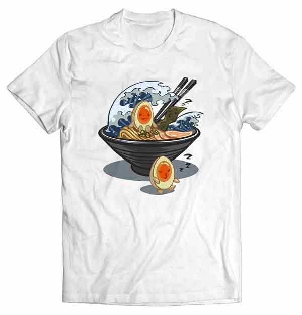 Funny Japanese Tsunami Ramen Noodle & Sleep Walking Egg - Short-Sleeve Unisex, Men, Women, Youth T-Shirt At Printstartee Graphic