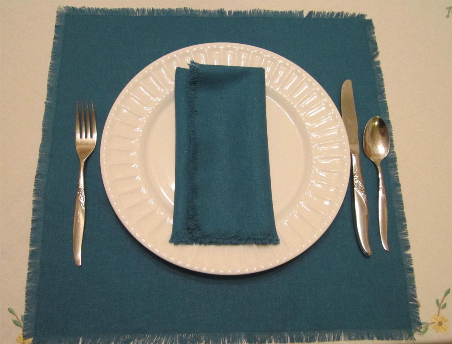 Linen Blend Fabric Napkins/Placemats Place Mats With Fringed Edges - Eco Friendly -True Teal Set Of 6