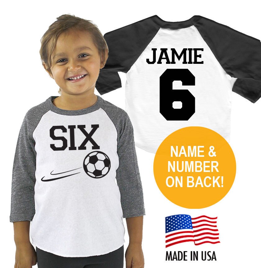 Soccer Sixth 6Th Birthday Tri-Blend Raglan Baseball Shirt - Personalized Name & Number On Back Toddler Sizes Twins Triplets