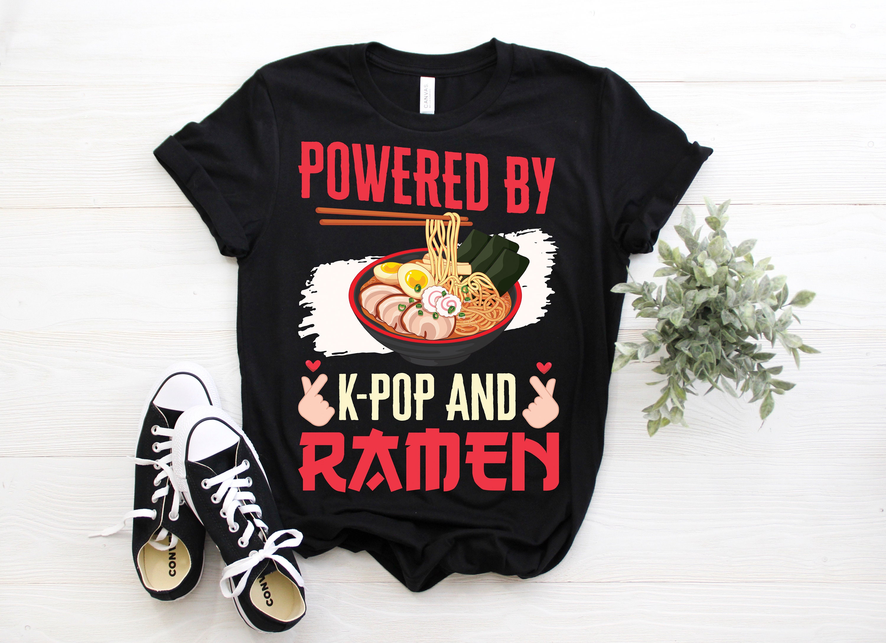 Powered By K-Pop & Ramen Japanese Noodles Bowl Kpop Heart South Korea Music T-Shirt, Lover Gifts, Girls Boys Daughter Granddaughter