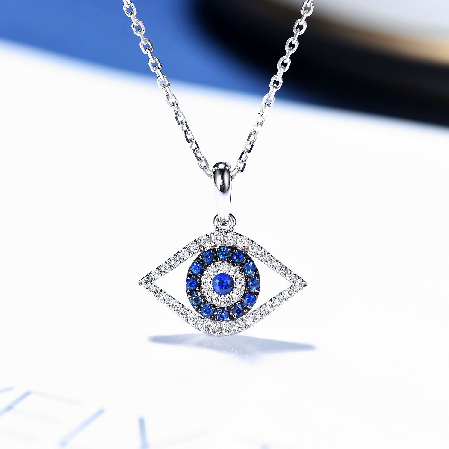 Diamond & Sapphire Evil Eye Pendant Necklace in Solid 18K Gold/Custom Jewelry/Personalization Design/Gift For Women & Girls
