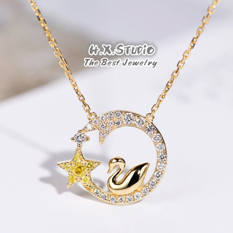 Yellow Diamond Swan Star Moon Pendant Necklace in Solid 18K Gold/Crescent Pendant/Custom Fine Jewelry/Gift For Women & Girls