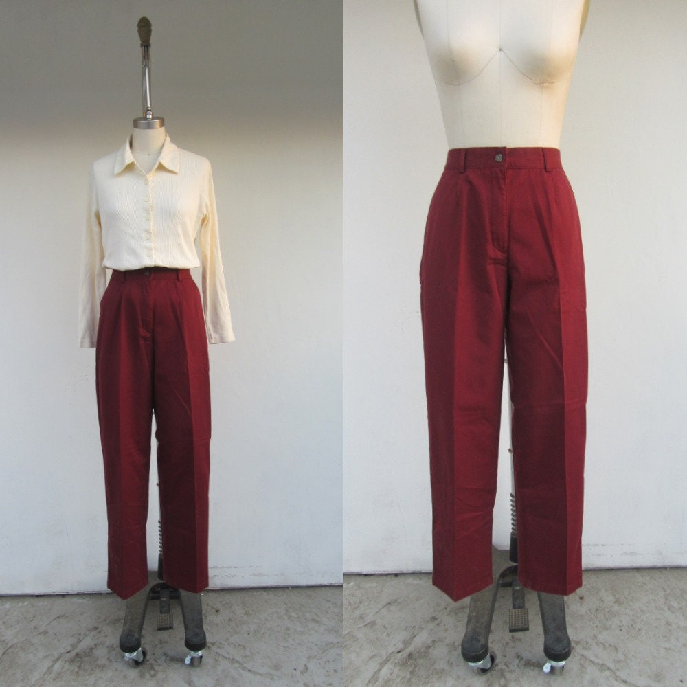 Ll Bean Nos Burgundy Cotton Blend High Waist Tapered Pleated Trousers | 90S Minimal Rise Easy Pants 25 To 29 4 Tall 32 Inseam