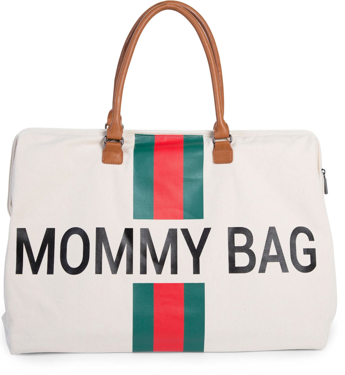 Childhome Mommy Canvas Wickeltasche, Off White Stripes Green/Red