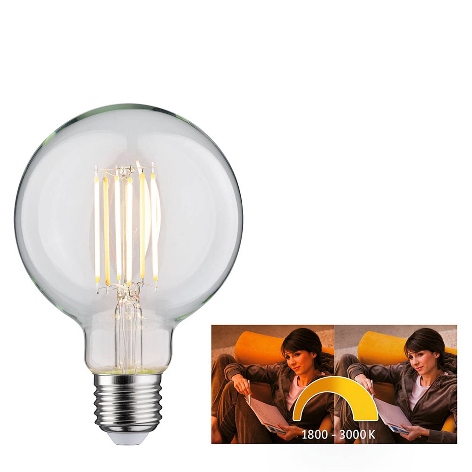 Paulmann-LED-globe-lamppu E27 7W dim to warm