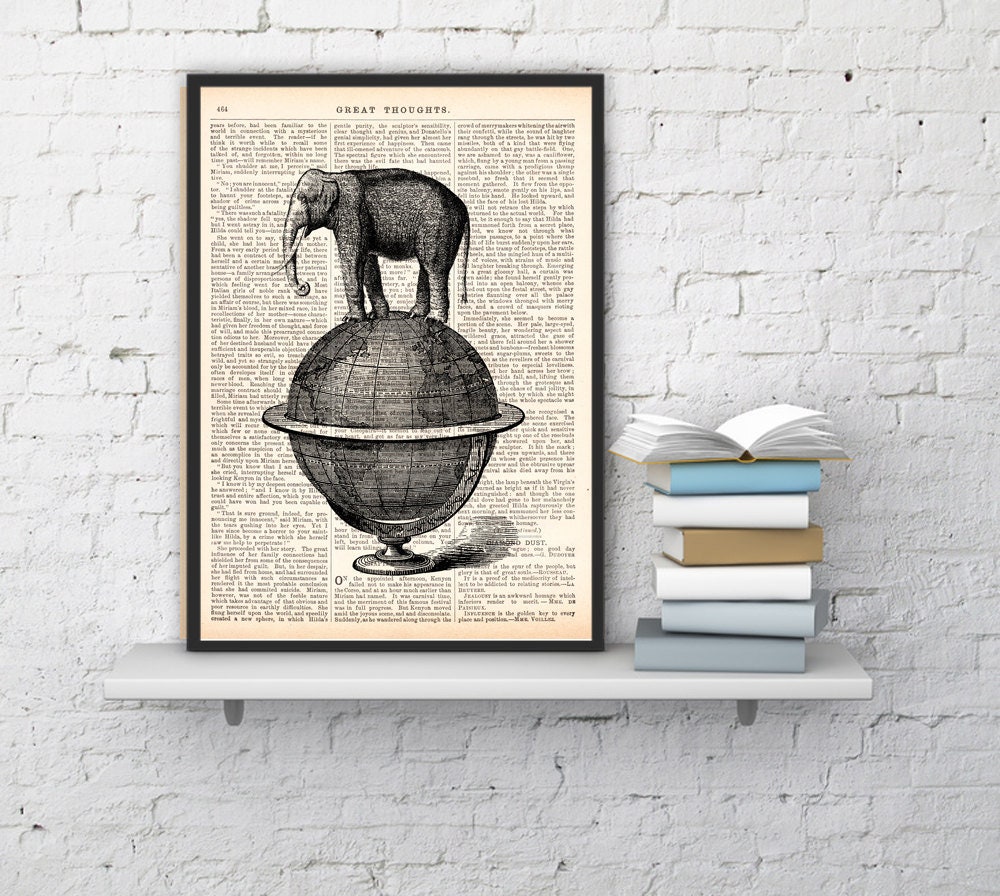 Elephant Takes A Walk Over World, Wall Art, Decor, Vintage Book Sheet, Nursery Wall Prints Ani093