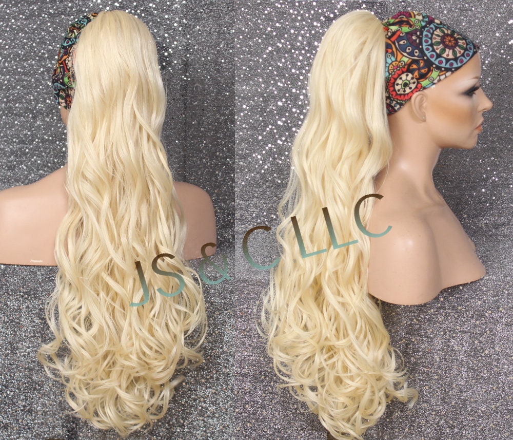 Pale Blonde Human Hair Blend Ponytail Piece Drawstring Ex Long Wavy/Curly Simply Put It On & Go Can Be Wrapped Around As A Bum