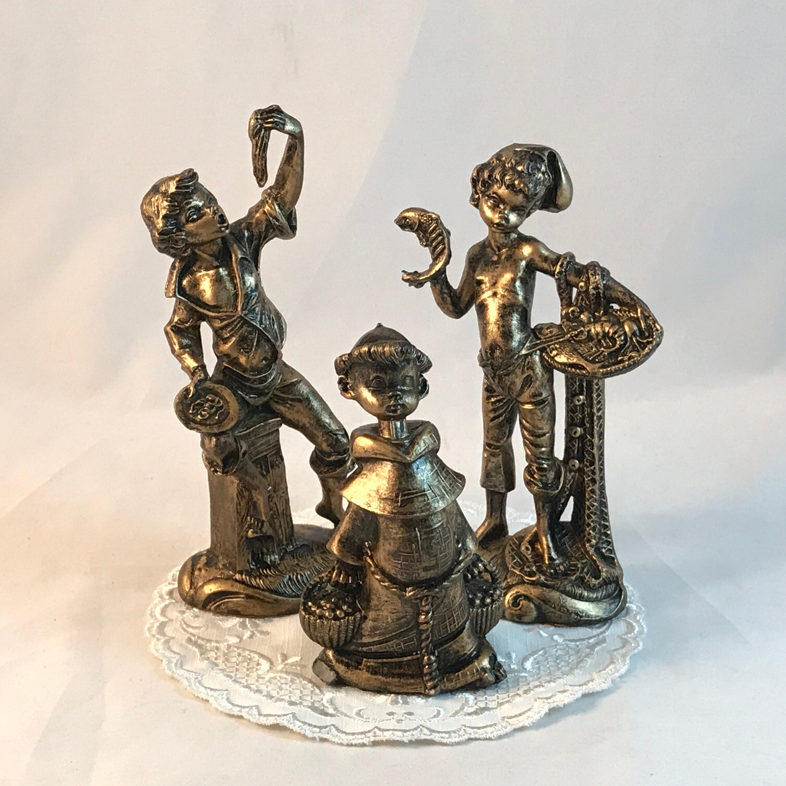 Vintage Bronze Resin Boy Sculptures Early American Culture Style - Set Of 3