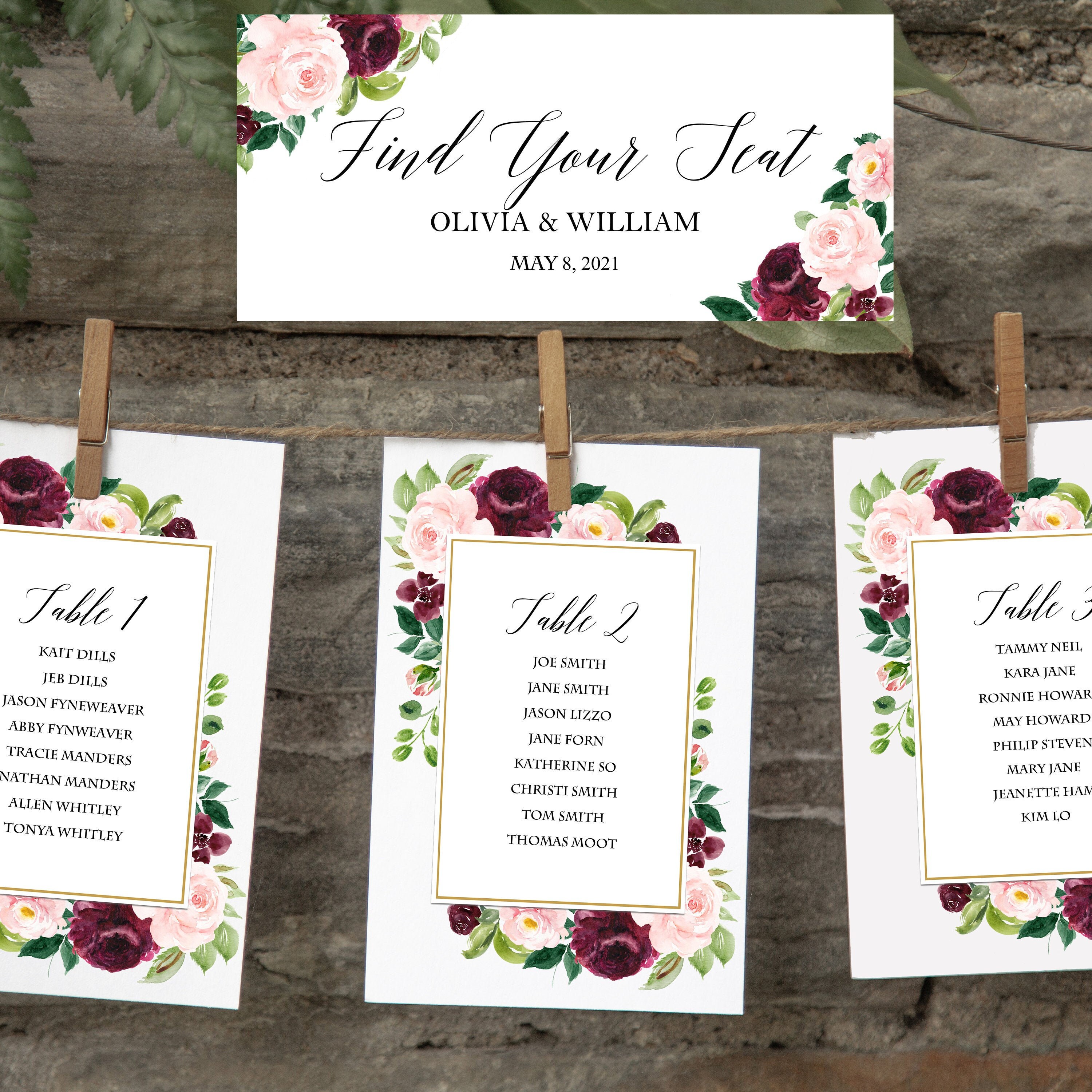 Burgundy & Blush Wedding Seating Chart Cards 5x7 Printed - Olivia Collection
