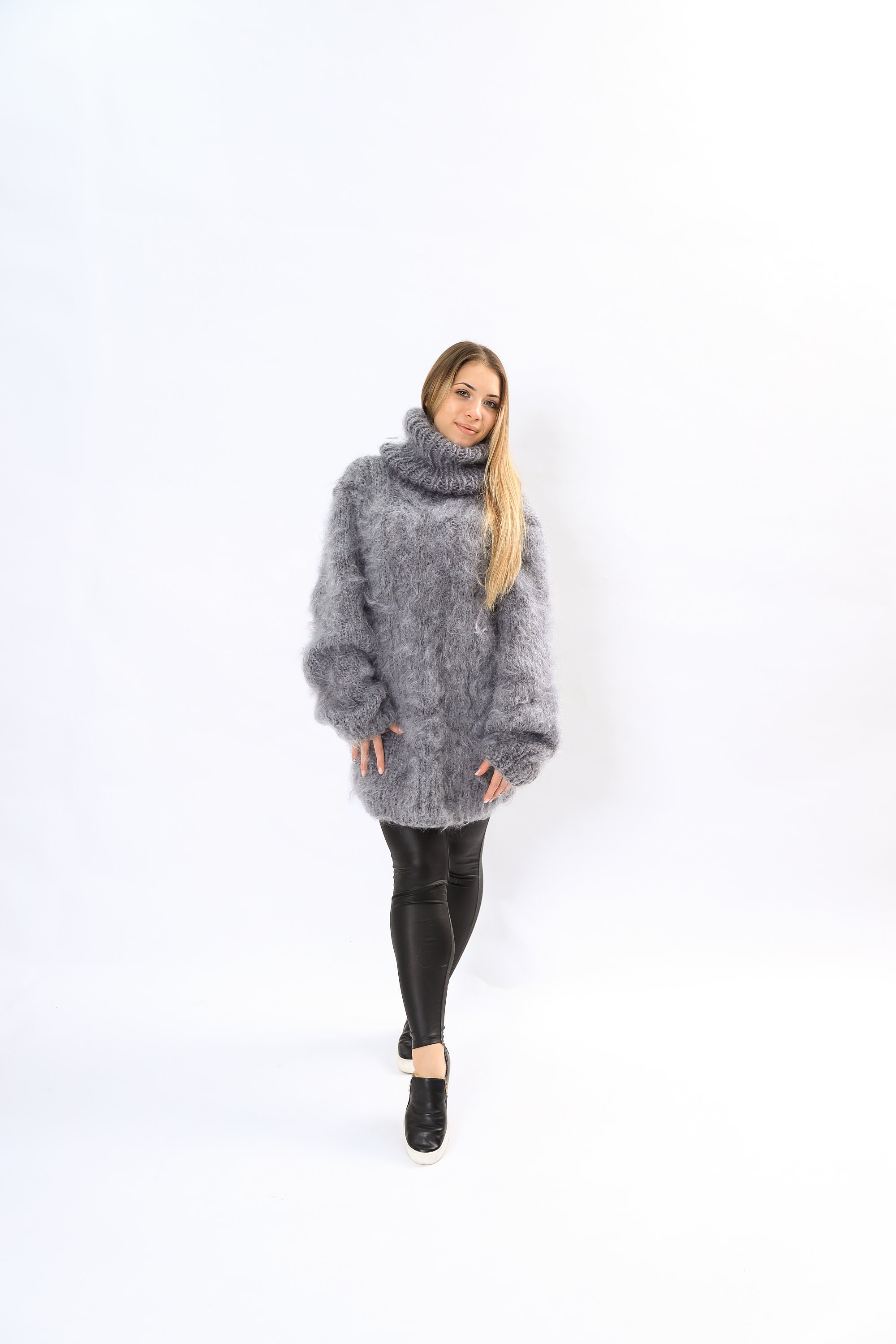 Gray Cable Mohair Fluffy Sweater , Turtleneck Sweater, Knit Jumper Fuzzy Mohair Sweater